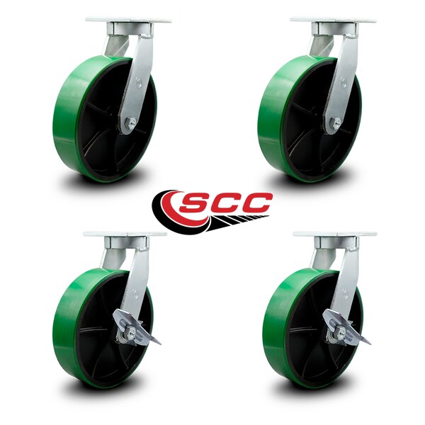 12 Inch Heavy Duty Green Poly on Cast Iron Wheel Swivel Caster Set with 2 Brakes